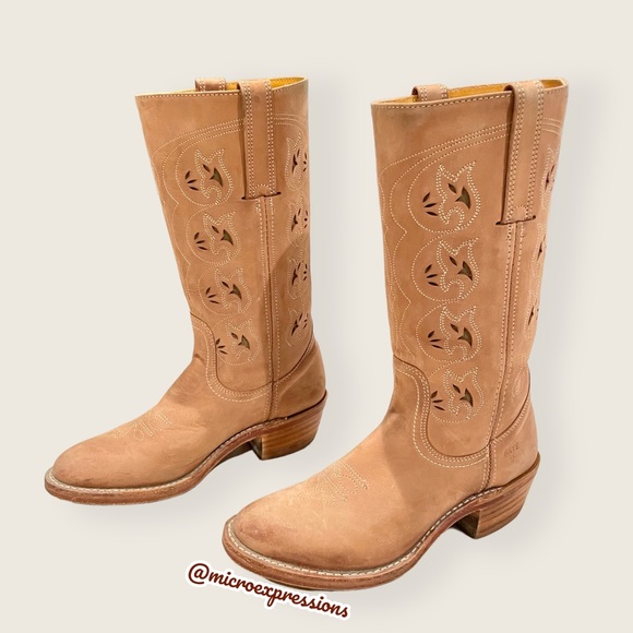 VINTAGE 1980 Frye Austin Tan Brown PullOn Leather Floral Embroidered Cowboy Boot - Picture 11 of 12